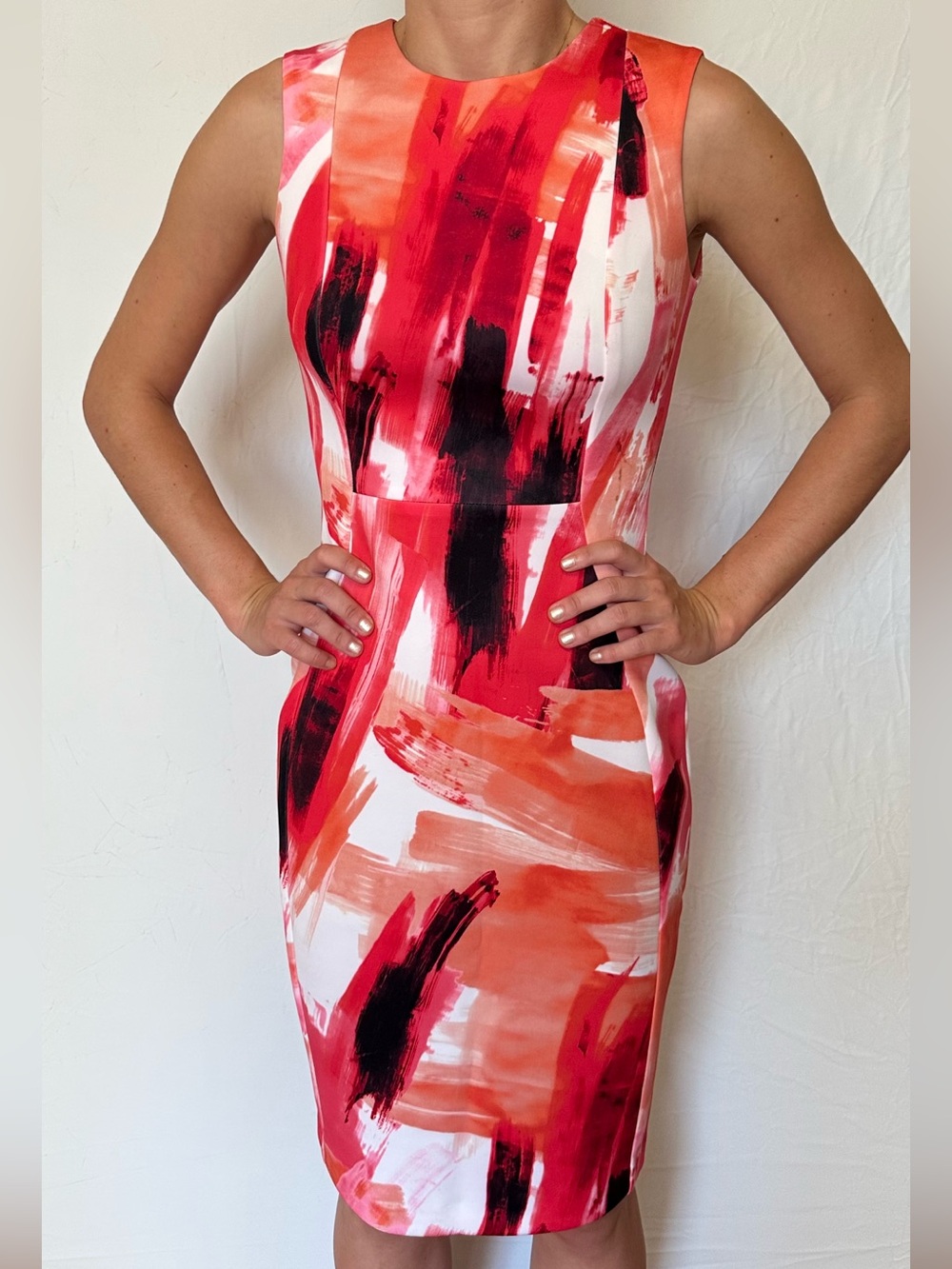 Calvin Klein Red, Orange & Black Abstract Sheath Dress